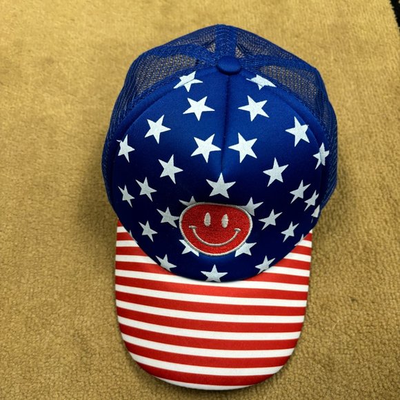 Baseball cap red white blue stars strips smiley face snapback USA 4th‎ of July - Picture 3 of 8